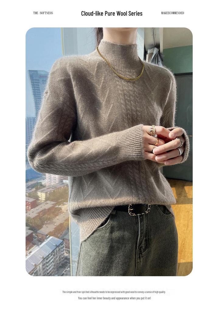 Women's 2024 Autumn/Winter High Neck 100% Pure Wool Cable Knit Sweater