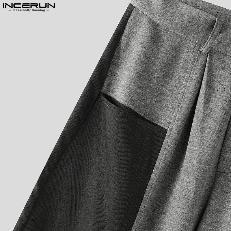 INCERUN Oversized Men Zipper Waist Pockets Stitching Wide Leg Pants Casual Long Trousers