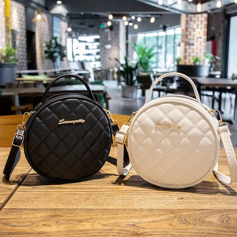 Argyle Quilted Round Bag, Letter Decor Crossbody Bag, Top Handle Circle Purse For Women