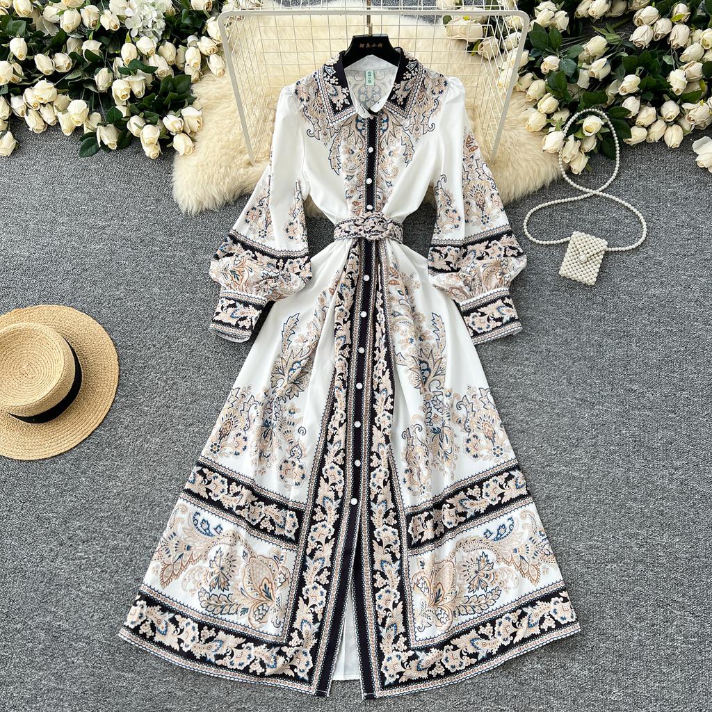 Spring Autumn Women Vintage Palace Print Single Breasted Ankle Length Holiday Party Shirt Dresses with Belt