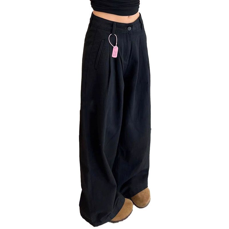 Black Big Yards Loose Jeans Women's Meat Covering Folded Texture Design Sense of Dragging The Ground Wide-legged Straight Trousers Long Denim Pants