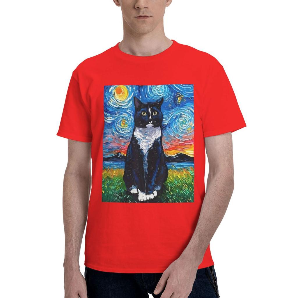 Black And White Cat Starry Night Print 100 Cotton Casual Breathable Confortable Men Top Mens Clothing Brands Men TShirt