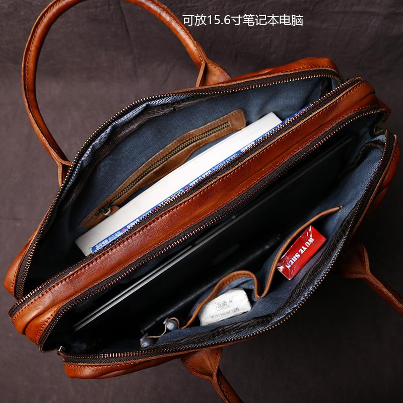 NZPJ Retro Handmade Top Layer Cowhide Leather Men's Handbag Vegetable Tanned Horizontal Computer Bag Zipper Briefcase