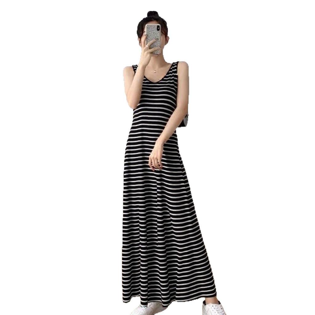 Black and white sleeveless vest striped dress 2026 summer new temperament loose and thin a word long dress