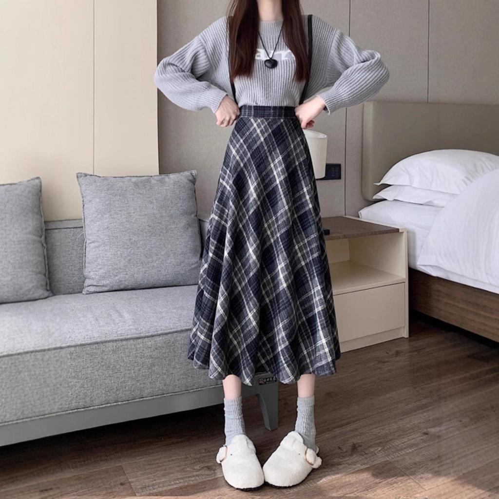 Women's High Waist Plaid Woolen A-line Skirt - Autumn/Winter 2025 Mid-length Umbrella Style