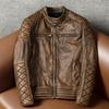 Mens Genuine Leather Jacket Slim Fit Stand Collar Vintage Biker Jacket Riding Coat