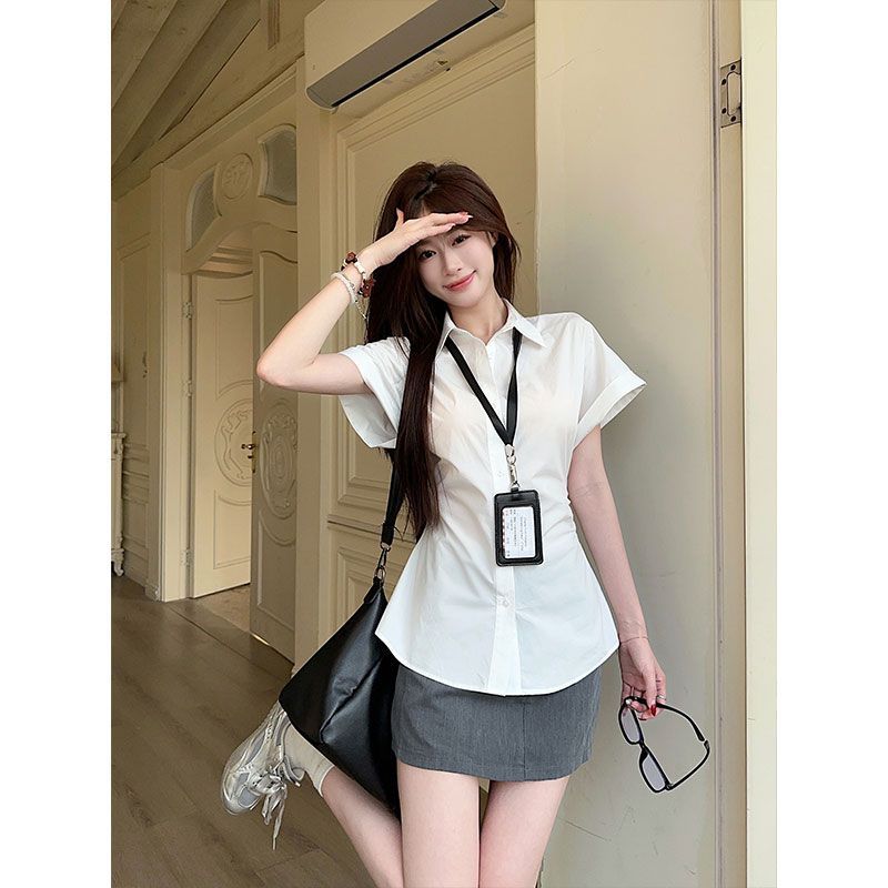 Korean White Polo Collar Short-sleeved Shirt Women's Summer Pleated Slim-fit Shirt Design Temperament Slim Top