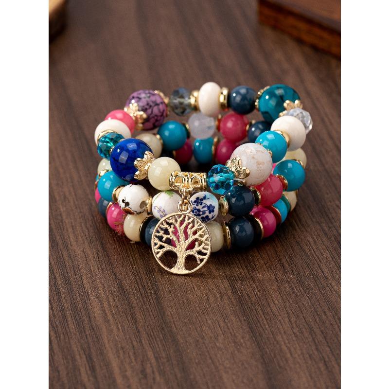 Hollow Tree of Life Bracelet Blue and white porcelain pattern glass bead pendant bracelet
