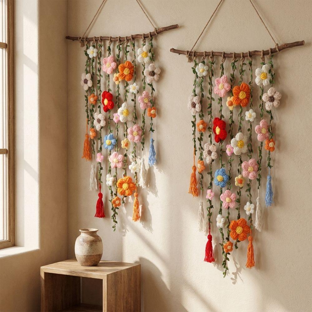 Natural Wooden Branch Flower Vine Tassel Ornament Hand Knit Flower Tapestry Living Room