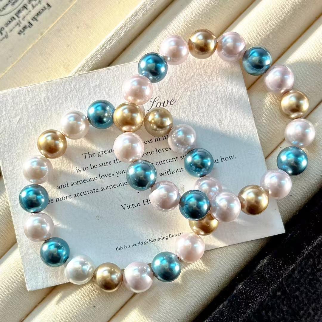 

10Mm Vintage High Quality Tahitian Black Grey Malachite Green Artificial Crystal Pearl Bracelet Bracelet