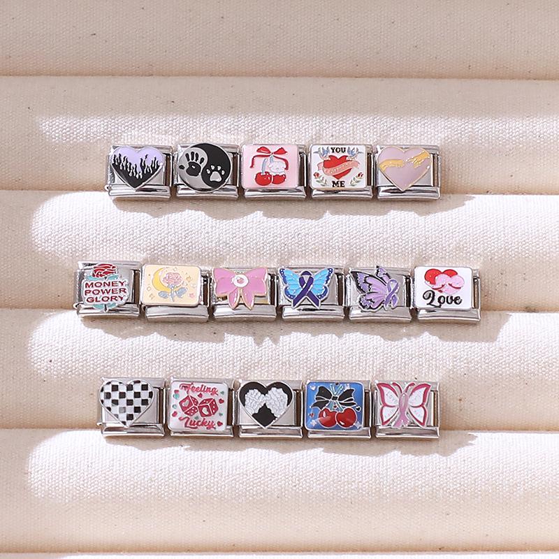 Pink Purple Butterfly Cherry Heart Tai Chi Bow Knot Italian Charm Link Fit 9MM Bracelet Stainless Steel Women Men DIY Making