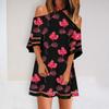 Fashion Womens Loose Summer Print Hanging Neck Strapless Short-sleeved Dress