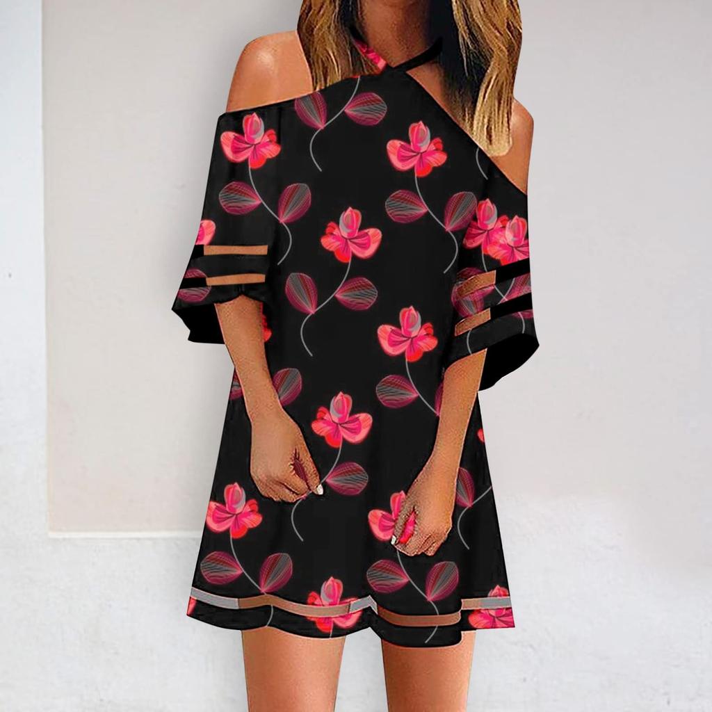 Fashion Womens Loose Summer Print Hanging Neck Strapless Short-sleeved Dress