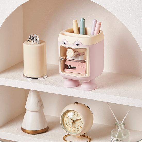 Cute Cartoon Pig Pen Holder Multi-Grid Desk Organizer with Drawer Multi-functional Cosmetic Makeup Brush Holder for Home Office School Supplies