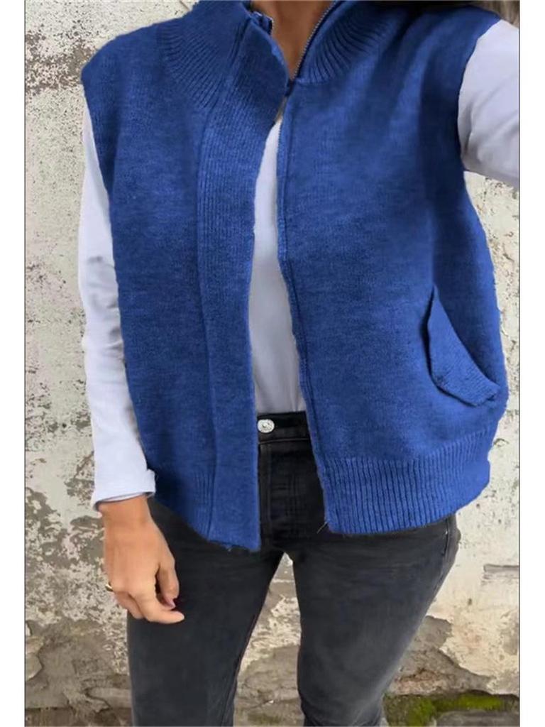 European and American Women's Autumn/Winter Stand Collar Zipper Sweater Vest - Loose Knit Casual Cardigan