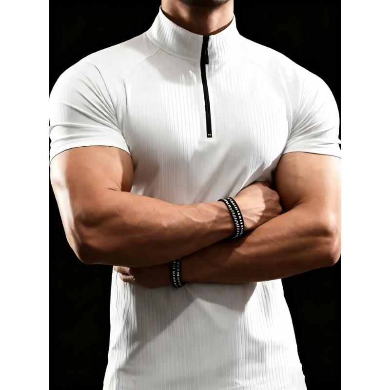 Men European Size Slim Fit Summer Half Zip Short Sleeve Ribbed Polo Shirt