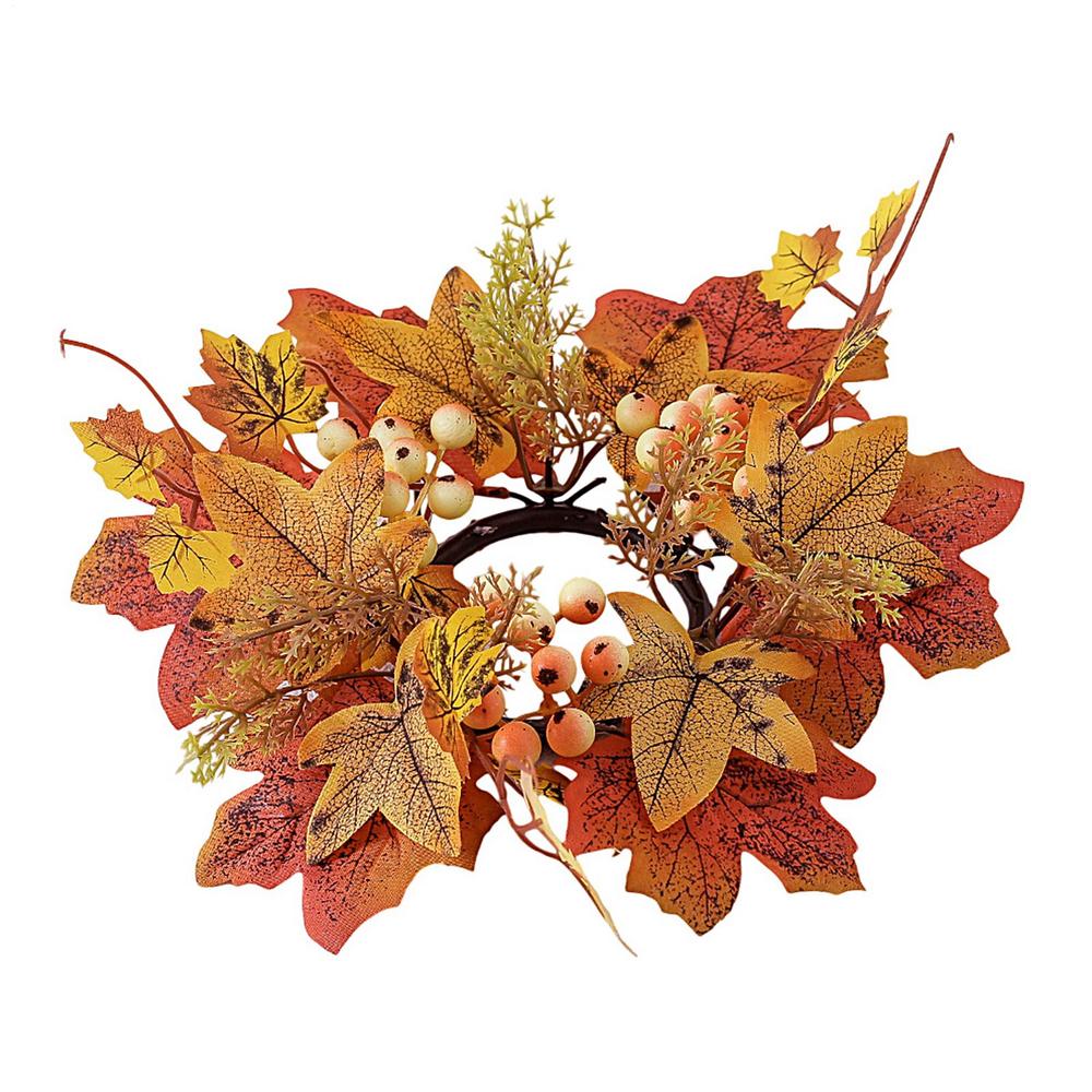 Fall Candle Ring Artificial Maple Leaves Wreath Ring Mini Autumn Wreath Rustic Fall Candle Holders for Bar Home Lit Wreath