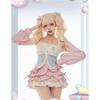 Noua culoare dulce contrastantă Lolita Set două piese femei mozaic atârnat gât piept top + cardigan scurt roz + fundă fustă tort costum fată