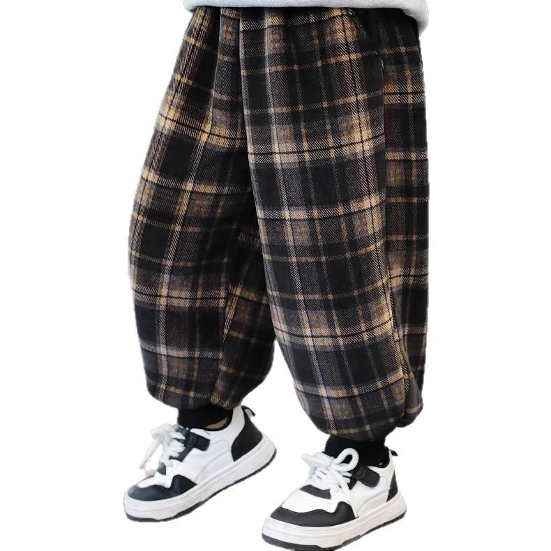 Chlapecké flísové kostkované tepláky: Zimní teplé jednodílné ležérní kalhoty pro batolata