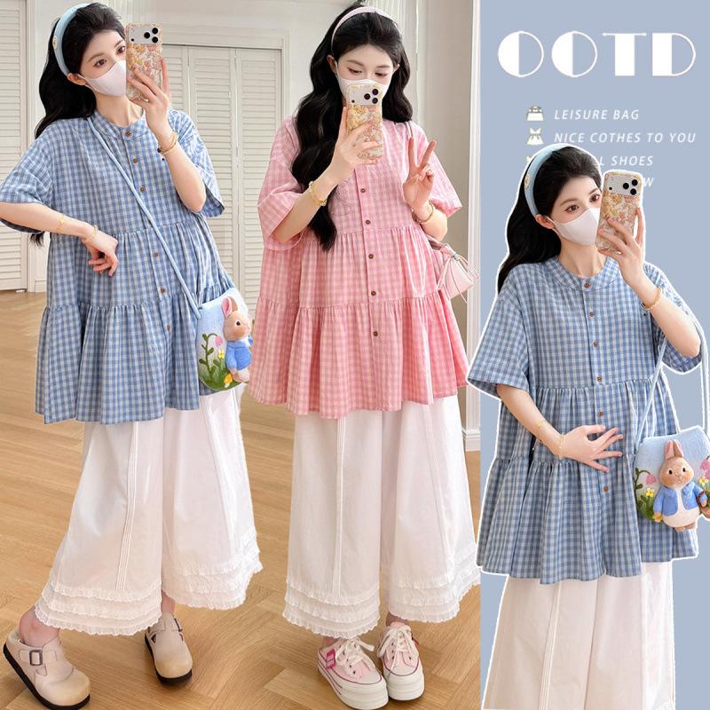 

Korean Retro Plaid Maternity Ruffle Shirt & Lace Wide Leg Pants Set Extra Large