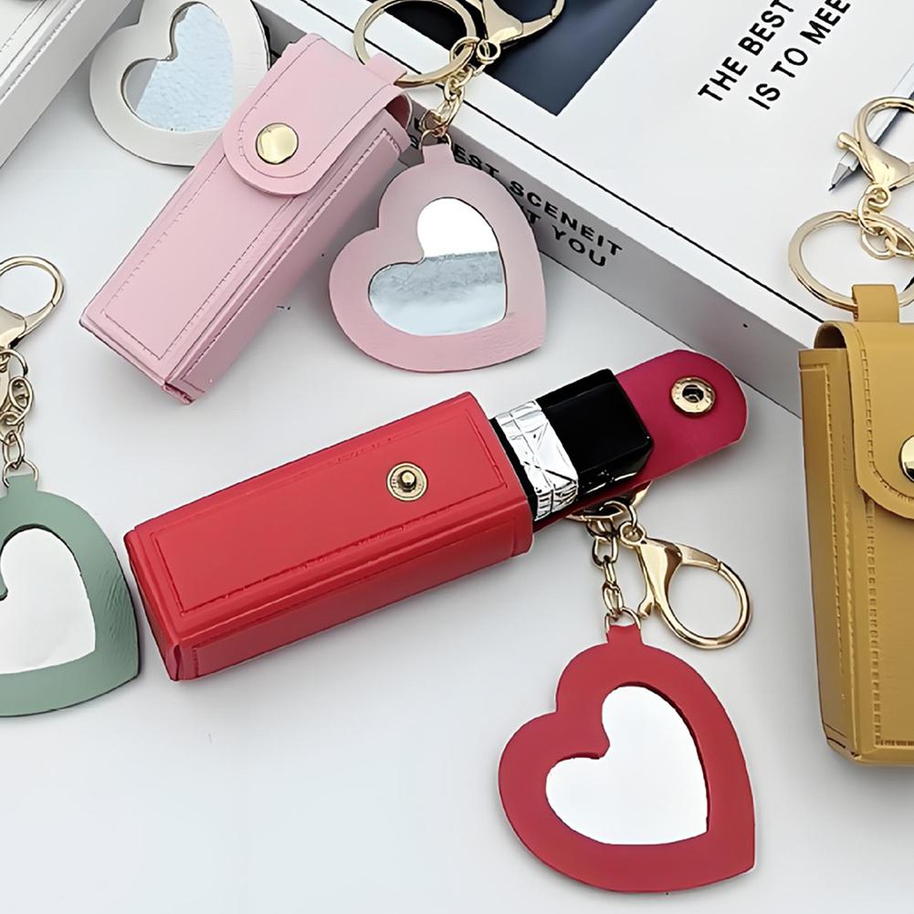 Portable PU Leather Lipstick Holder Keychain With Heart-Shaped Mirror For Women Girls Handbag Charms Accessory Creative Gift