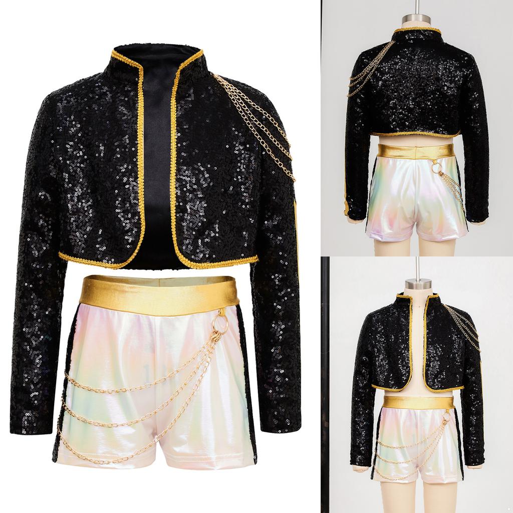 Girls Demon Cosplay Singer Dance Outfit Party Costume Sequins Shiny Long Sleeve Jacket with Golden Chain And Waist Chain Shorts