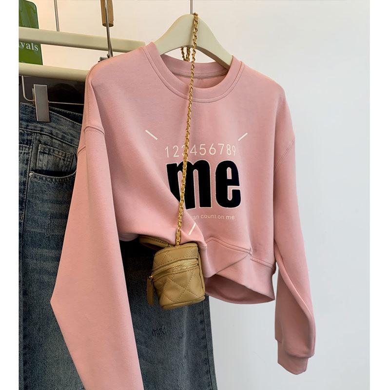 

Свитер большого размера с американским принтом, круглым вырезом - Повседневный универсальный кроп-топ с длинным рукавом L [Recommended 110-130 lbs]