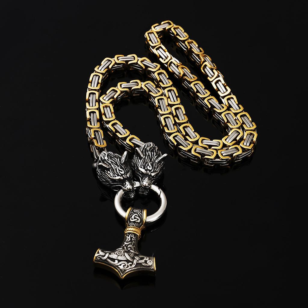 Viking Mythology Thor 'S Hammer Pendant Necklace Audin Wolf Head Golden Emperor Chain Necklace Stainless Steel Jewelry