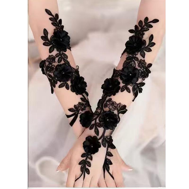 Long Lace Bridal Gloves with Floral Design for Wedding and Stage Performance