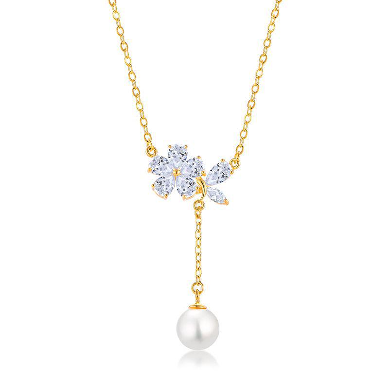 Floral Tassel Pearl Necklace - Elegant, Versatile Summer Design for Women 925 Silver белого циркония