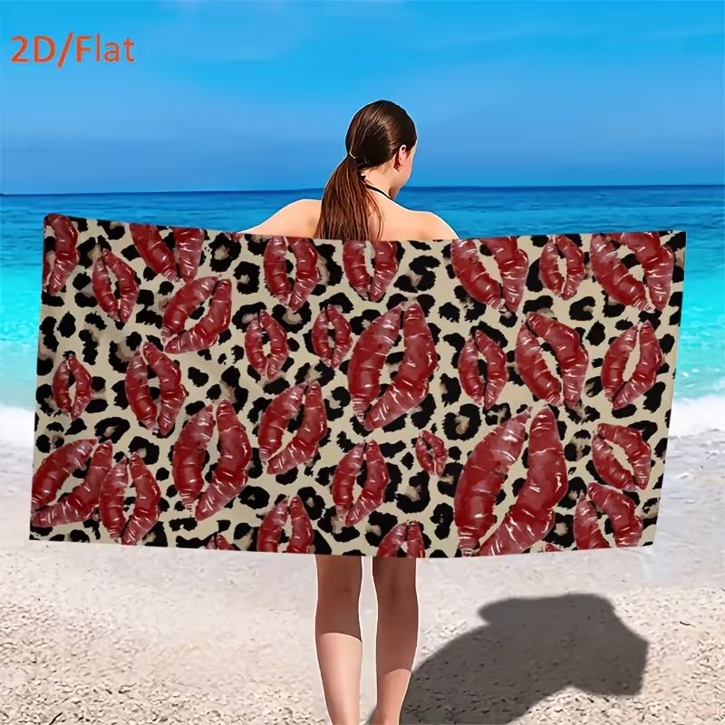 Leopard Print Red Lips Beach Towel Quick Dry Soft Absorbent Sand Free Bath Towel for Women Summer Beach Vacation Pool Gym Travel