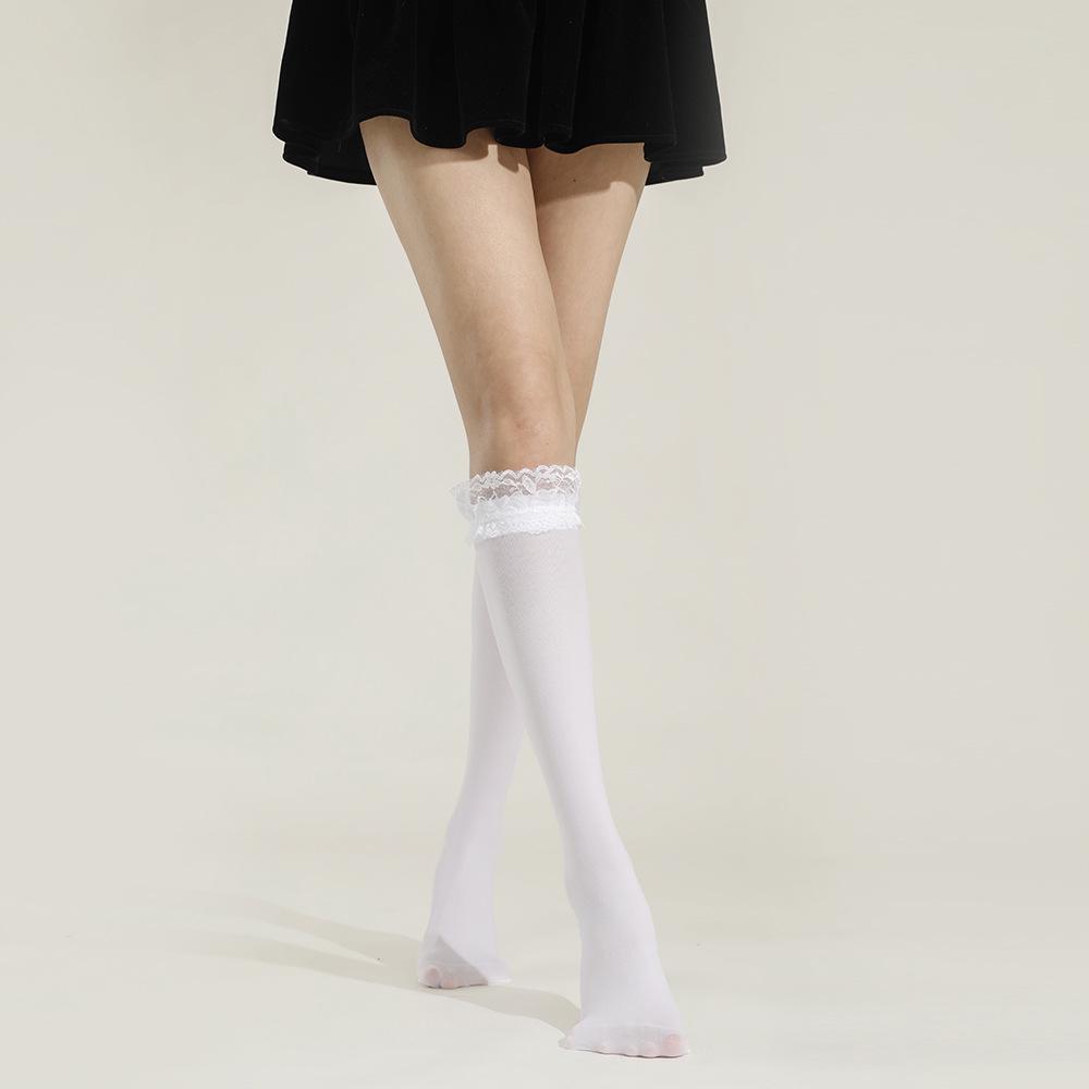 Japanese Lace Trim Knee-High Velvet Socks - Black, Transparent, Spring/Autumn Style