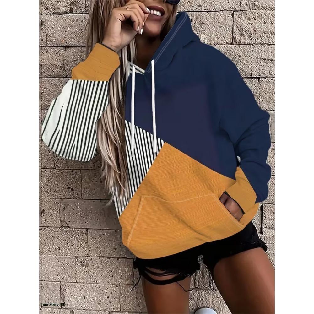 3D Retro Striped Print Casual Pullover Women Long Sleeve Kangaroo Pocket Drawstring Hooded Sweatshirt Personalized Women Hoodie