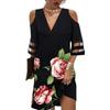 Women Off Shoulder V Neck 3/4 Sleeve Dress with Cut Out Detail Multi Pattern Midi Dress