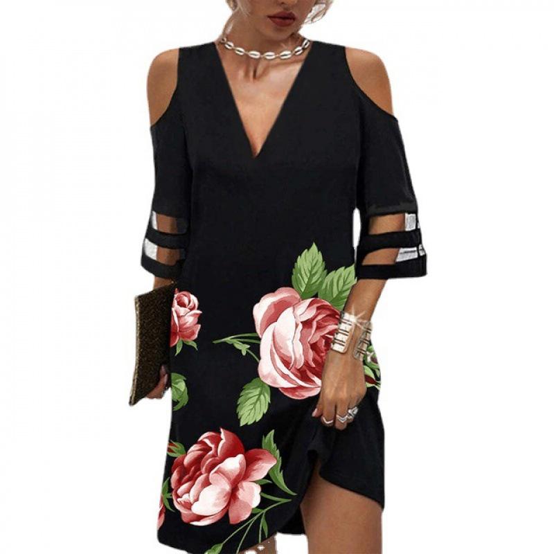 Women Off Shoulder V Neck 3/4 Sleeve Dress with Cut Out Detail Multi Pattern Midi Dress