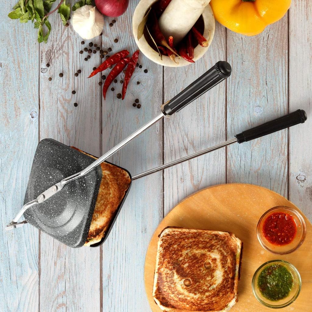 CELLO Non Stick Aluminium Sandwich Toaster For Gas Stove Use With Flame Proof Body And Heat Resistant Handle In Elegant Black Finish