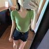 V-neck Knitted Sweater Women's Summer Ice Silk T-shirt New Short-sleeved Bottoming Shirt Women's Slim Top