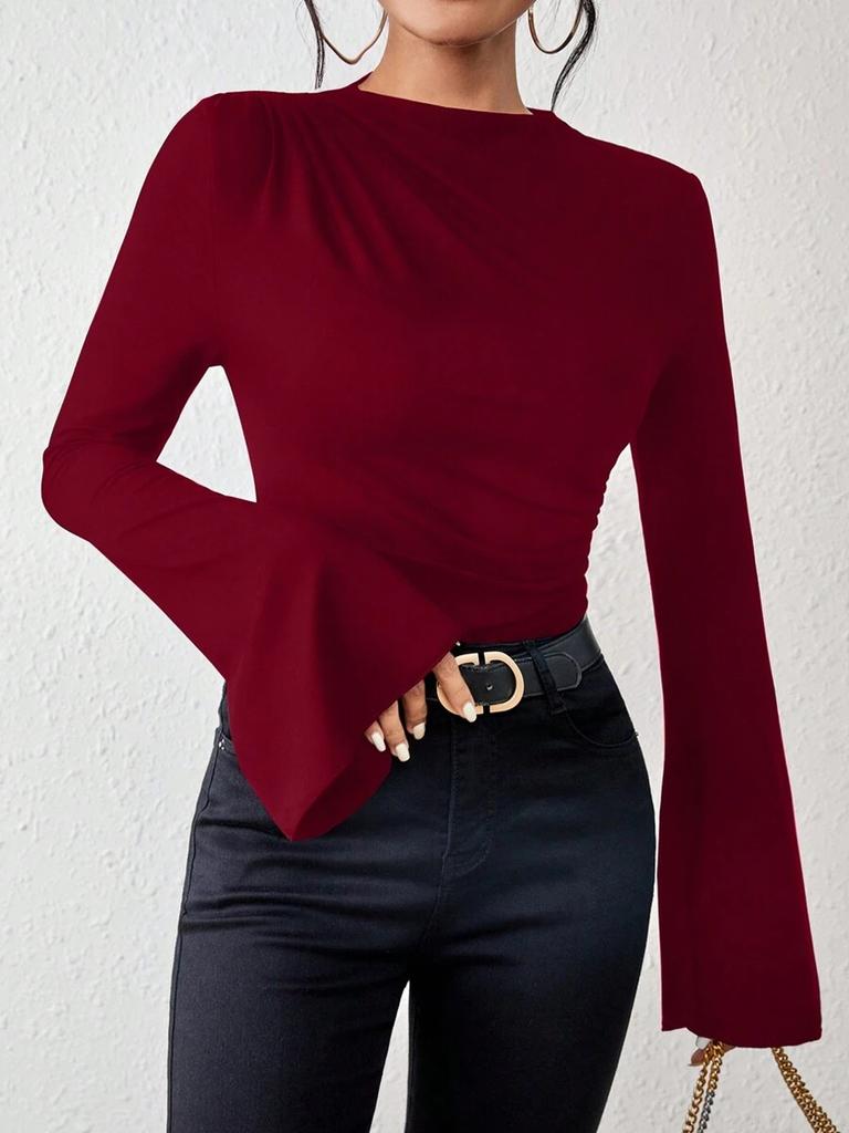 Fall Winter Fashion Solid Slim Fit Wide Leg Long Sleeve T-Shirt Top