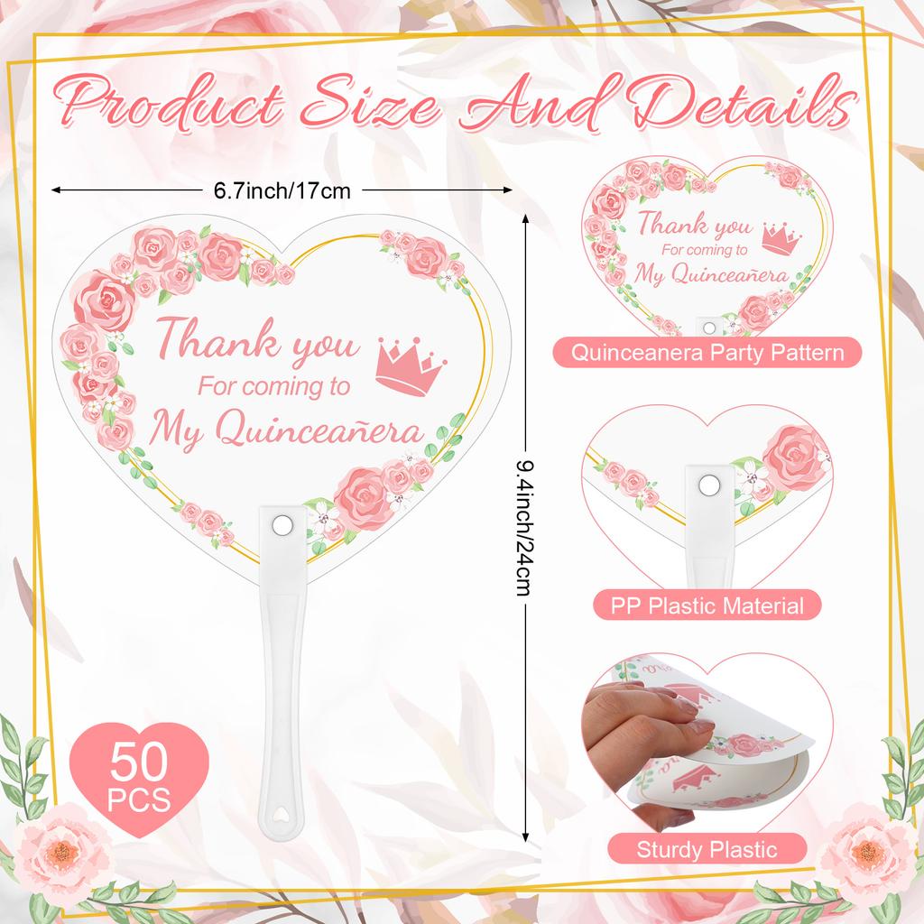 50 sztuk wachlarzy urodzinowych Prezent na przyjęcie Quinceañera Ręczny wachlarz plastikowy Upominki na przyjęcie Quinceañera dla gości Różowe wachlarze ręczne w kształcie serca