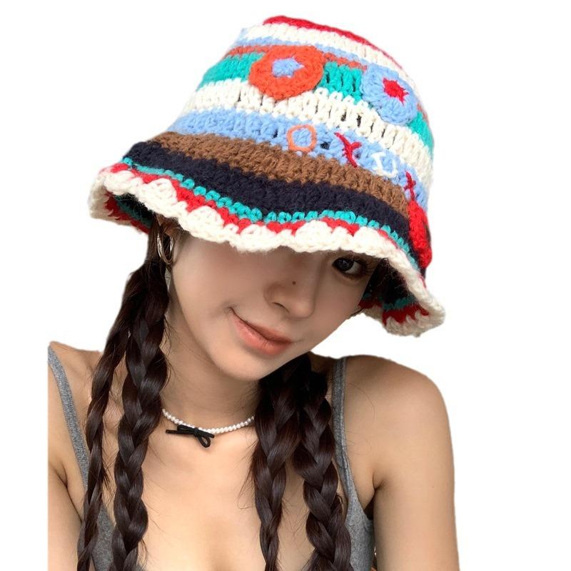Colorful Flower Knitted Bucket Hat Female Sweet Cute Contrasting Color Pot Hat Versatile Face Small Wool Hat