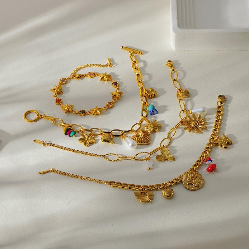 Stainless Steel Multi-Element Bracelet for Women Gold-Plated Heart Flower Sun Star Handmade Chain Luxury Jewelry Wedding Gifts