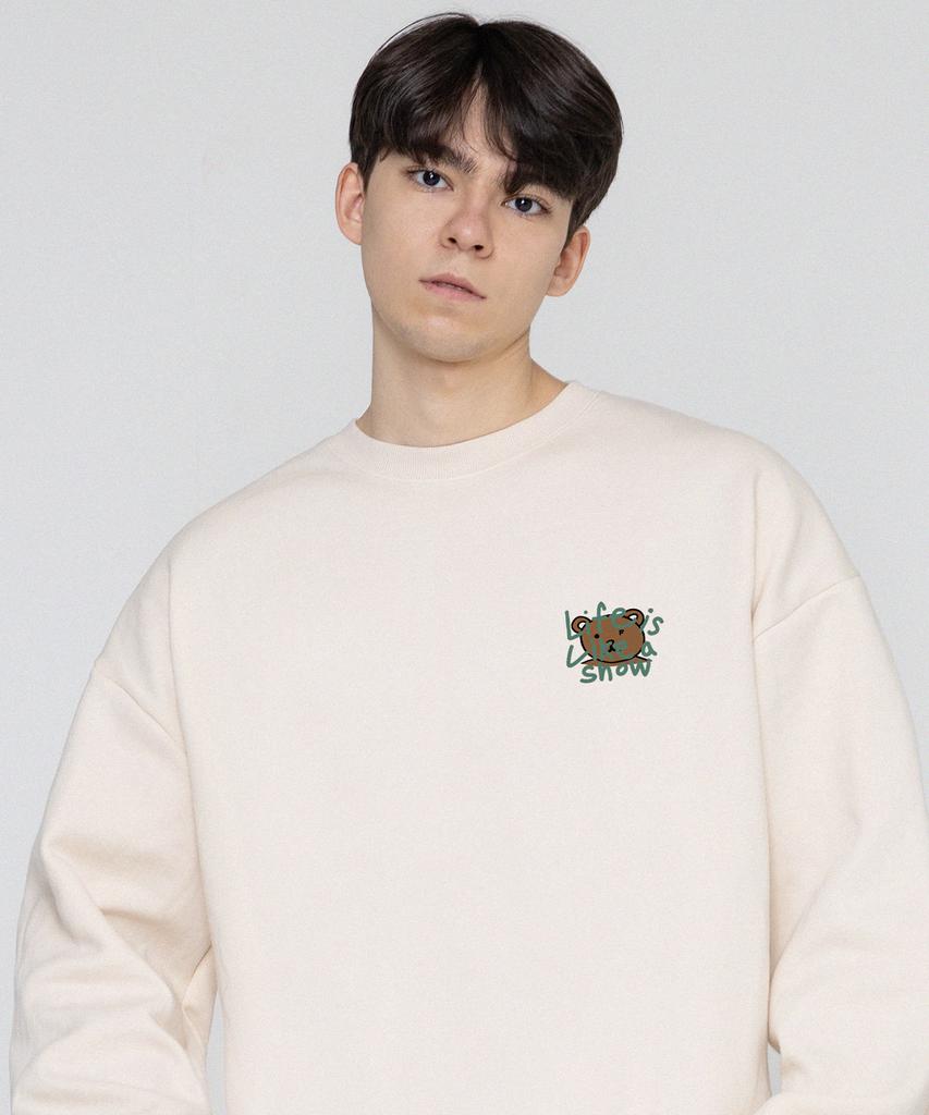 GRAVER [Unisex] Drawing Letter Bear Smile Sweatshirt_Cream/Green Logo