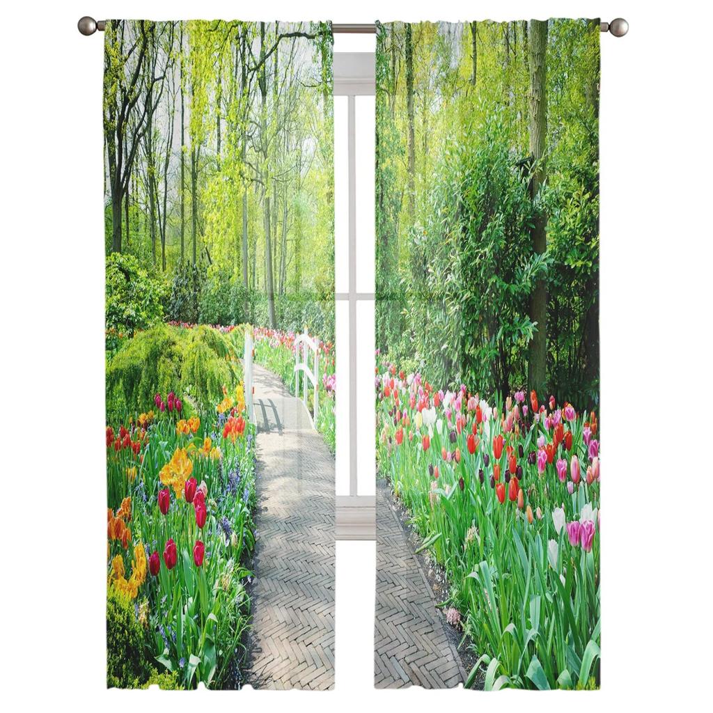 Forest Path Flowers Leaves Tulle Curtains Balcony Room Fashion Printed Sheer Curtain Living Room Window Modern Decor