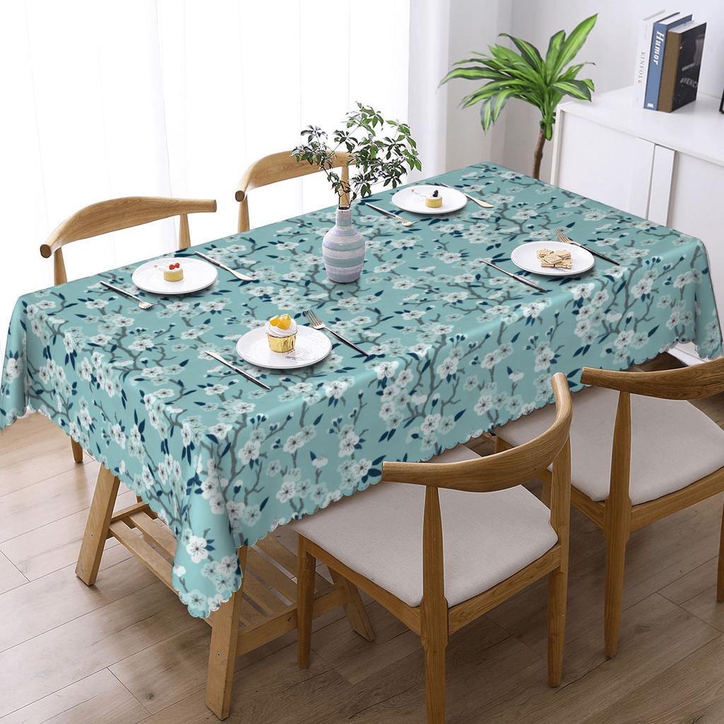 Rectangular Waterproof Cherry Blossom Japane Flowers Table Cover Pale Baby Blue Table Cloth Tablecloth for Dining