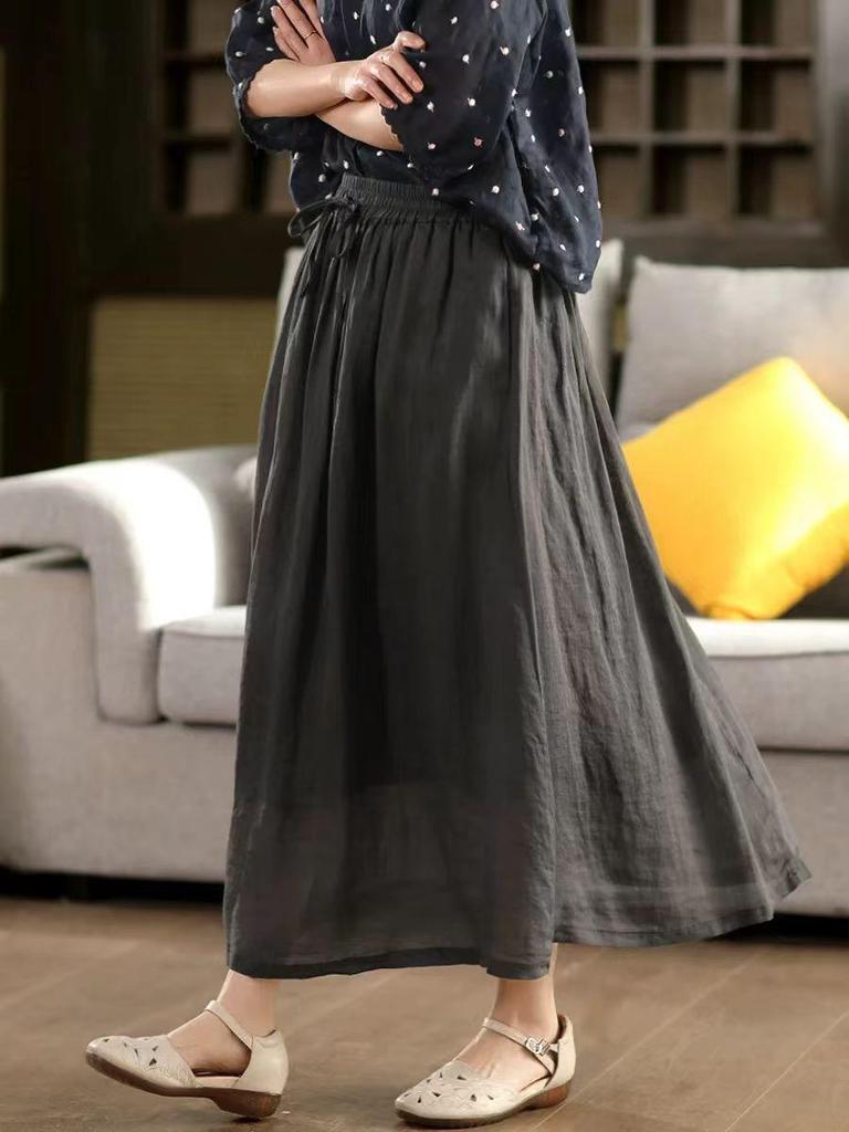 Johnature Women Vintage Patchwork Skirts Solid Color Elastic Waist Cloths Summer Loose Belt Female Skirts