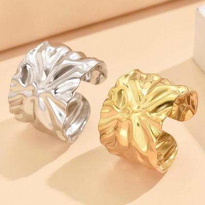 Adjustable European Retro Wide Band Stainless Steel Pleated Ring for Women