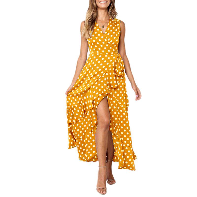 Womens Polka Dot High Low Maxi Dress,Summer Sleeveless Deep V Neck Ruffles Long Dresses with Belt