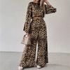 Women's Loose Fit Two Piece Pant Suit Long Sleeve Crop Top Elastic Waist Wide Leg Leopard Matching Set