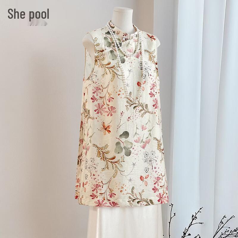 Women s Floral Print Stand Collar Mid-Length Vest M