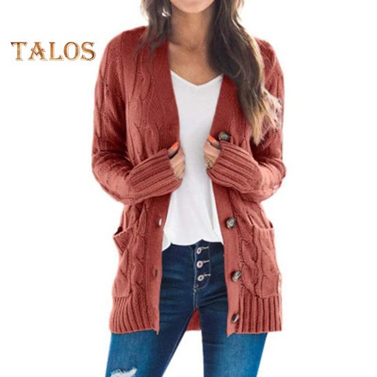 

Женская куртка-свитер с длинным рукавом, на пуговицах, вязаное зимнее пальто с карманом, однотонный свободный свитер M кирпич красный